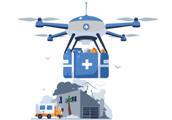 A drone delivers medical supplies to a disaster zone, showcasing rapid response and humanitarian aid. Clear, bright illustration.
