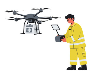 A professional launches a drone carrying medical supplies. A technician monitors the delivery via tablet. Modern, clean, and ready for commercial use.