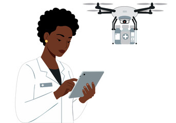 A professional Black woman examines medical data on a tablet while a drone delivers aid. Modern, healthcare technology concept. Clean, bright background.