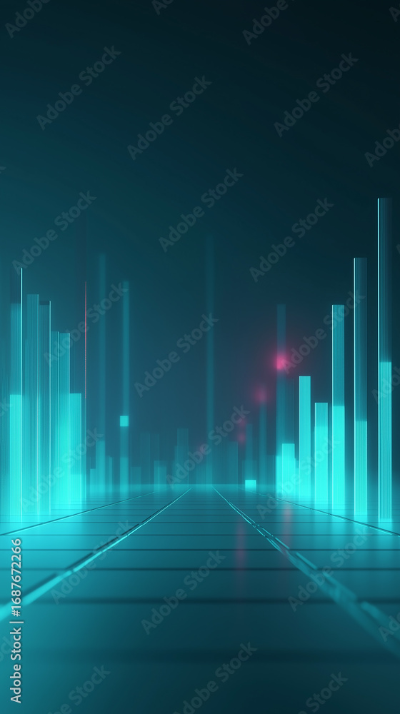 Poster a futuristic digital landscape featuring glowing vertical bars against a dark background, creating a