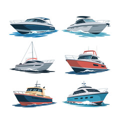 Collection of six different types of boats and yachts on water