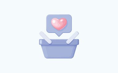 3d illustration of a shopping basket with a heart icon in a speech bubble