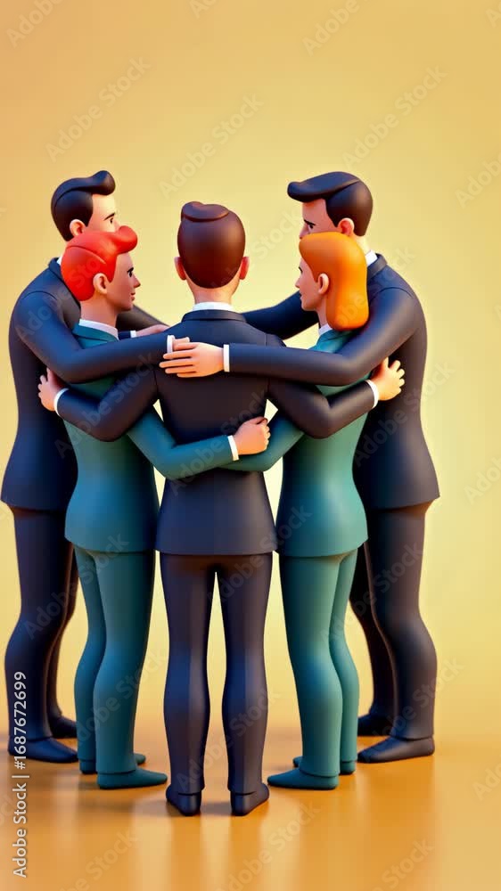 Poster A 3D icon of a team huddle with abstract figures in suits, dynamic posing, teamwork concept.