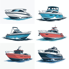 Collection of six colorful watercolor illustrations of luxury yachts and speedboats