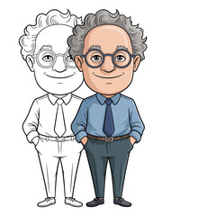 Cartoon illustration of a smiling man with glasses and a tie standing next to his outline