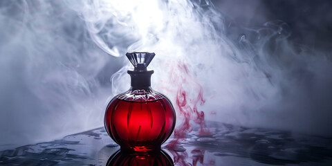 Mysterious red liquid in an antique bottle with swirling smoke and dramatic lighting