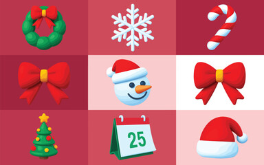 Collection of festive christmas icons and symbols on a red background
