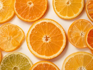 Fototapeta premium Citrus Slices Arrangement, A Symphony of Orange Hues on a Light Background.