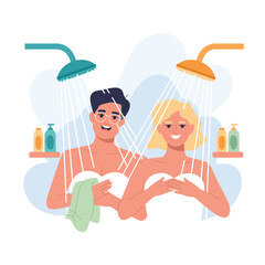 Happy couple showering together under two shower heads