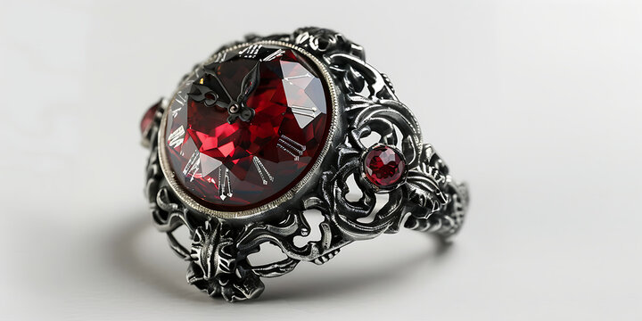 Ornate vintage ring with a deep red gemstone and intricate silver details
