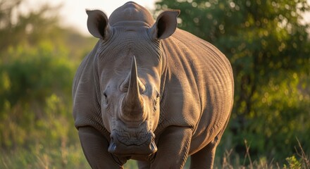 Majestic White Rhinoceros Walks Through African Savanna at Sunrise