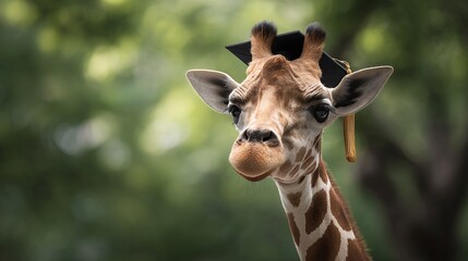 Obraz premium A giraffe proudly wears a graduation cap, symbolizing achievement and the next chapter in its life's journey.