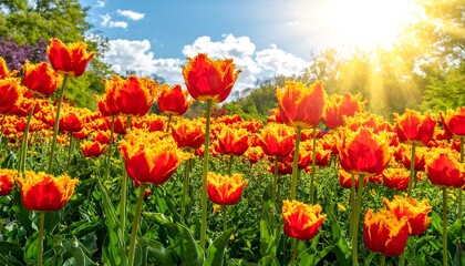 Vibrant tulips in a garden bathed in sunlight