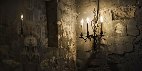 Atmospheric old stone room illuminated by flickering candlelight