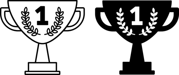 Prize Icons. Black and White Vector Illustration. Sports Cup with Number One. Award for the Winner in the Competition. Reward Concept
