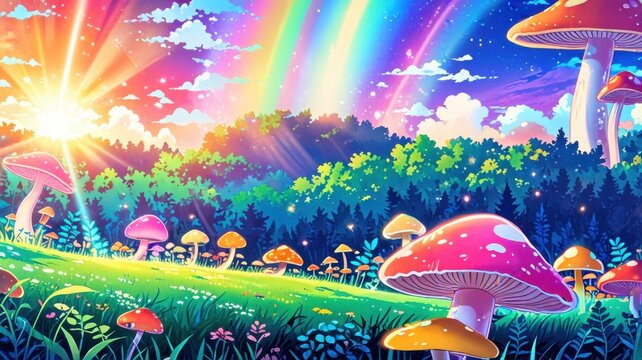 Trippy Anime Mushroom Fantasy with Rainbow Haze and Kaleidoscope Sky