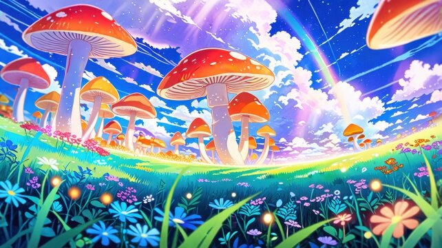 Cosmic Anime Mushroom Scene with Multicolor Swirl and Retro Poster Glow