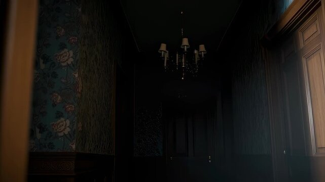 A hand slowly opens a wooden door in a dark, creepy mansion hallway with a chandelier, creating a horror movie sequence.