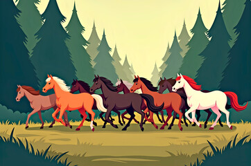 Wild Horses Running Through Forest