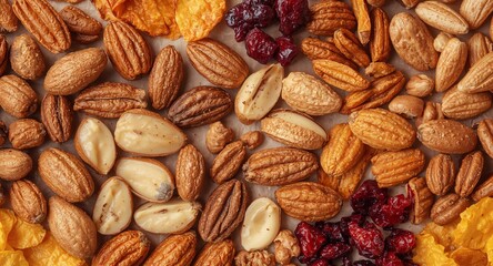 Fototapeta premium Assorted Edible Ingredients. A Textured Composition of Dried Fruits, Nuts, and Seeds.