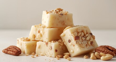 Creamy Dessert Cubes with Nut Fragments, a Delicate Culinary Arrangement.