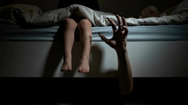 Child's legs dangling from bed while a monstrous hand with long black nails reaches out, horror concept footage.