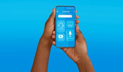 Online Learning. Black Hands Holding Smartphone With Educational App Interface On Screen Isolated Over Blue Background, Creative Collage For Distance Study And Remote Education, Copy Space