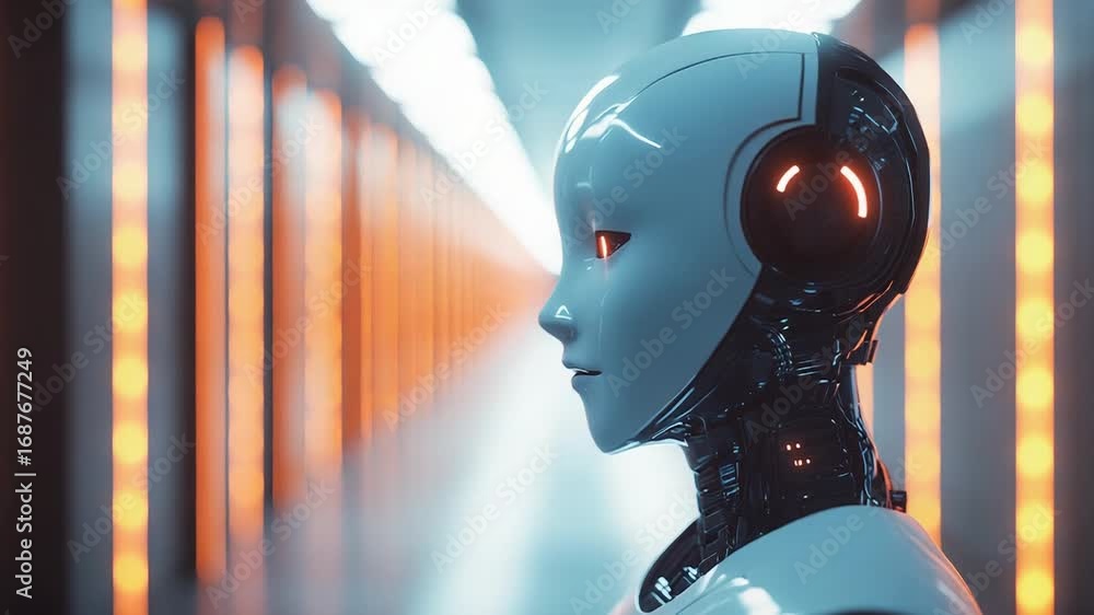 Poster futuristic robot exploring server room corridor