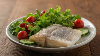 Fish Fillet with Fresh Greens and Tomato, Culinary Still Life on Rustic Wood.
