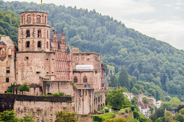 Fototapeta premium The storied walls of Heidelberg Castle, admired from Scheffelterrasse’s panoramic terrace.