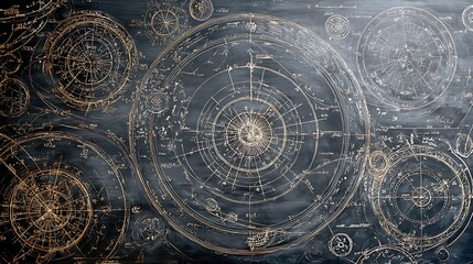 Detailed astronomical chart with circular diagrams on a dark textured background surface