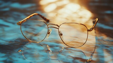 Pair of elegant rimless glasses with a thin gold colored frame lying on a marble countertop with soft ambient lighting to emphasize luxurious yet minimalist eyewear style