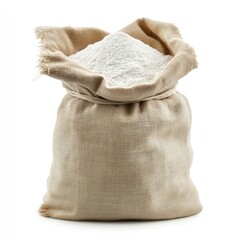Small burlap bag of coffee tied with rope on a white background