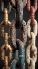 Various colored chains hanging together showcasing texture and detail in a dark background setting