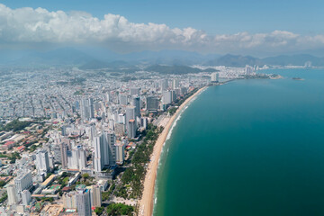 Beach overlooking panoramic aerial high top view city on the coast beach of Southeast Asia in the...