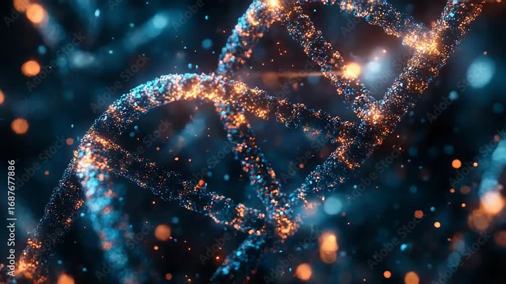 Aufkleber dna strands glowing and rotating in a microscopic visualization