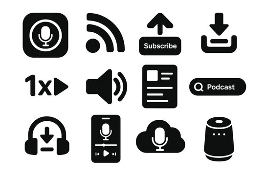 Podcast Platform Icons. Solid style icons of podcast apps and platforms: podcast app icon, RSS feed logo, subscribe button,
