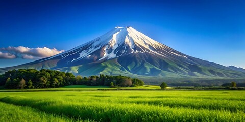 Fototapeta premium Mount fuji with green field and blue sky view