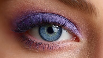 Fototapeta premium Eye with Vibrant Purple Makeup: A mesmerizing close-up featuring a beautiful eye adorned with bold purple eyeshadow and defined lashes. Beauty and detail.
