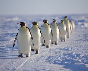 Group of Emperor Penguins Walking on Snowy Landscape in Antarctica