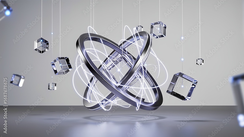 Poster an artistic display showcases floating geometric shapes illuminated by glowing lines. the round and 