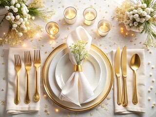 Festive table setting with golden cutlery and candles