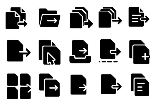 File Copy Icons. Solid style icons of file copying: file to file icon, folder to folder arrow, multiple file copy, copy with