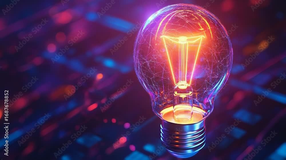 Poster light bulb shining with futuristic network glowing inside on a blurred background