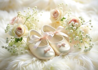 Baby shoes with flowers isolated on white background