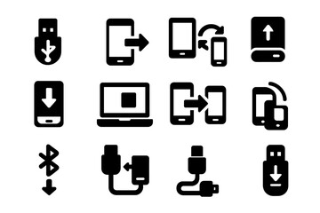 Device Import Icons. Solid style icons of device import: USB import arrow, mobile to PC transfer, tablet sync, drive plug-in,