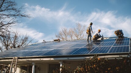 Workers Installing Solar Panels on Residential Roof under Blue Sky