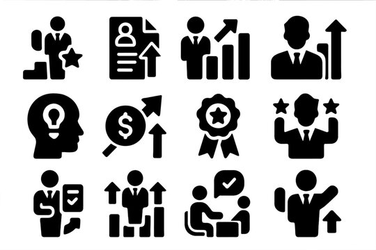Career Growth Icons. Solid style icons of career and job upgrades: promotion icon, resume level-up, job position boost, skill