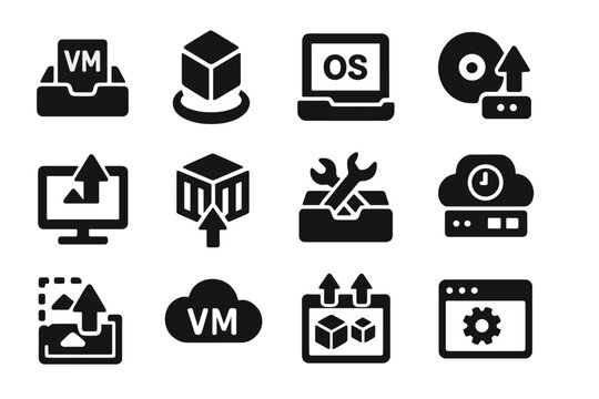 Virtual Machine Icons. Solid style icons of virtual machine installation: VM install tray, hypervisor icon, OS in VM symbol, ISO
