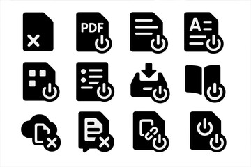 File Icons Shutdown. Solid style icons of file and document shutdown: file viewer close icon, PDF tool shutdown, editor power